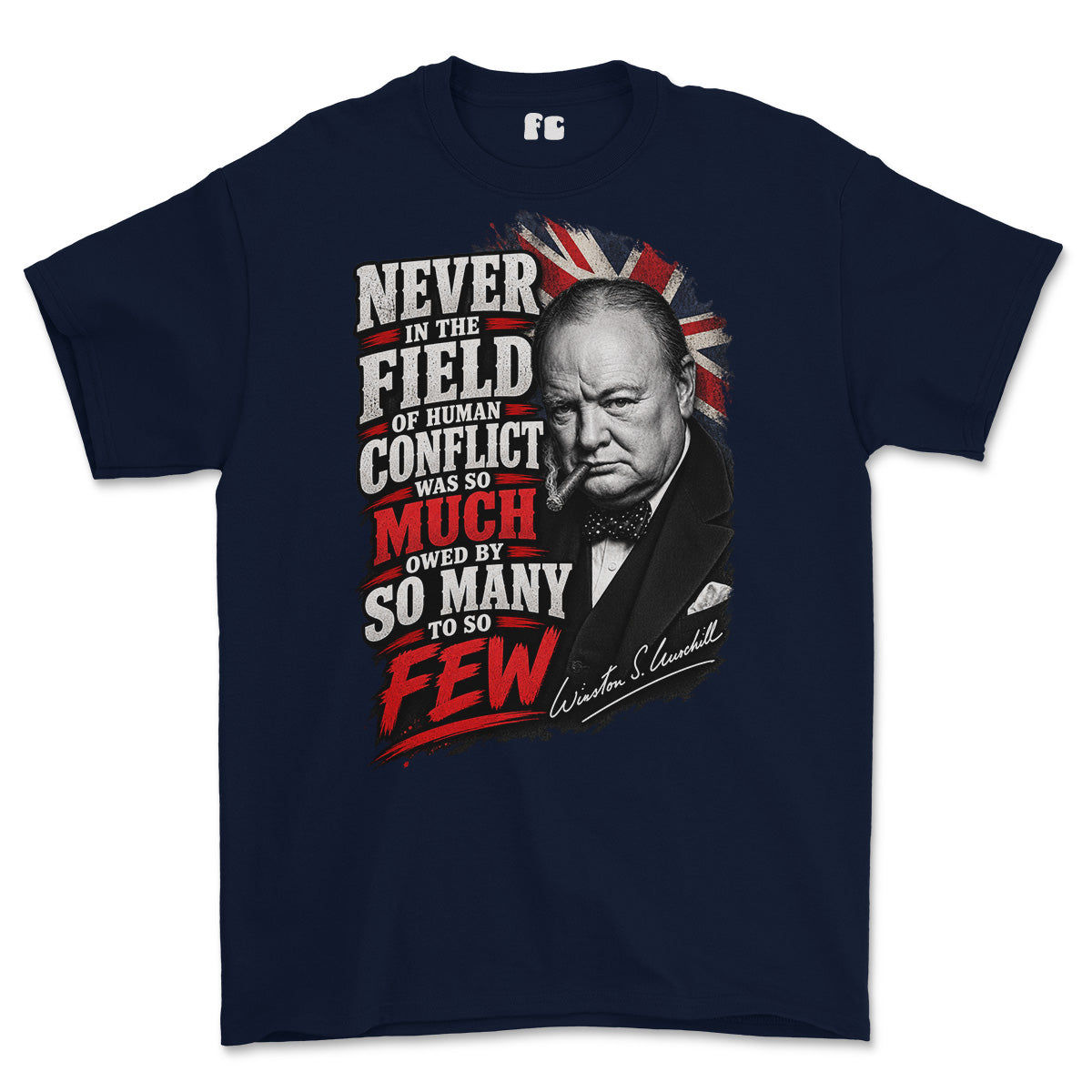 A navy blue short-sleeve t-shirt with a large graphic print of Winston Churchill and a quote about human conflict, displayed on a clean white background.