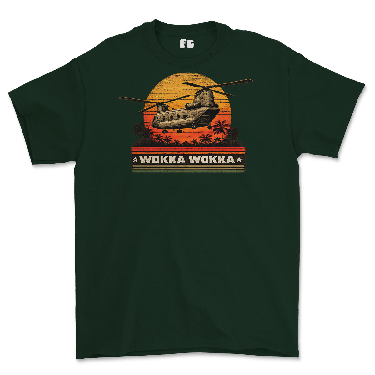 A dark green short-sleeve t-shirt with a retro graphic of a military helicopter flying over a sunset with palm trees and the text 'WOKKA WOKKA'.