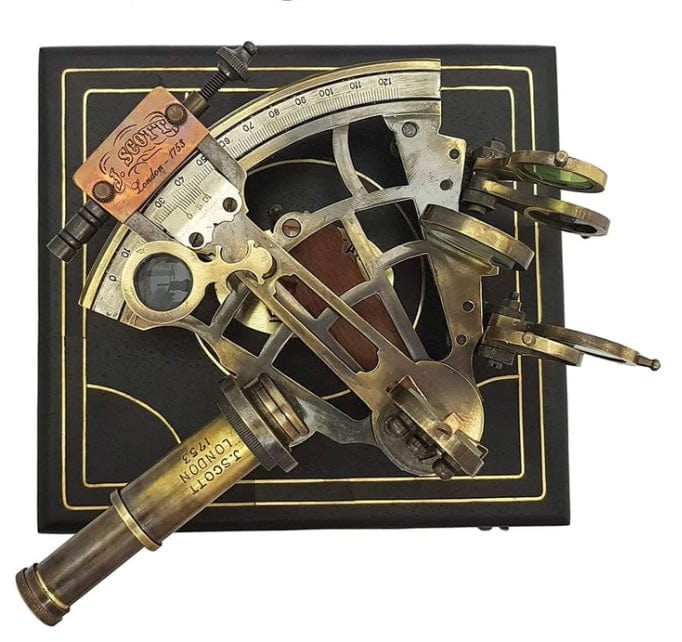 BRASS SHIPS HISTORY SEXTANT WITH WOODEN BOX