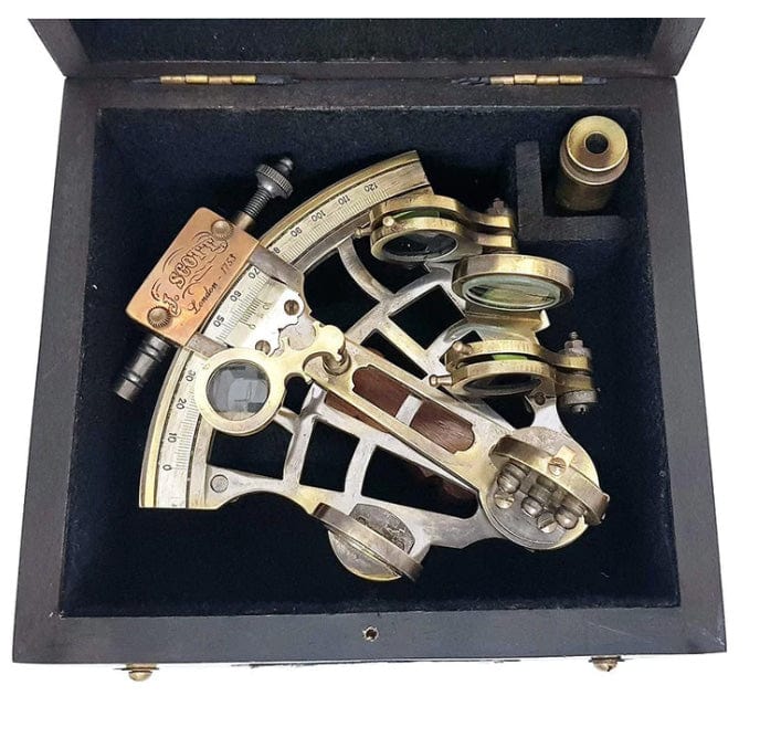 BRASS SHIPS HISTORY SEXTANT WITH WOODEN BOX