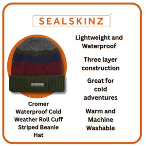 Unisex Waterproof Thermal Roll Cuff Striped Beanie Hat