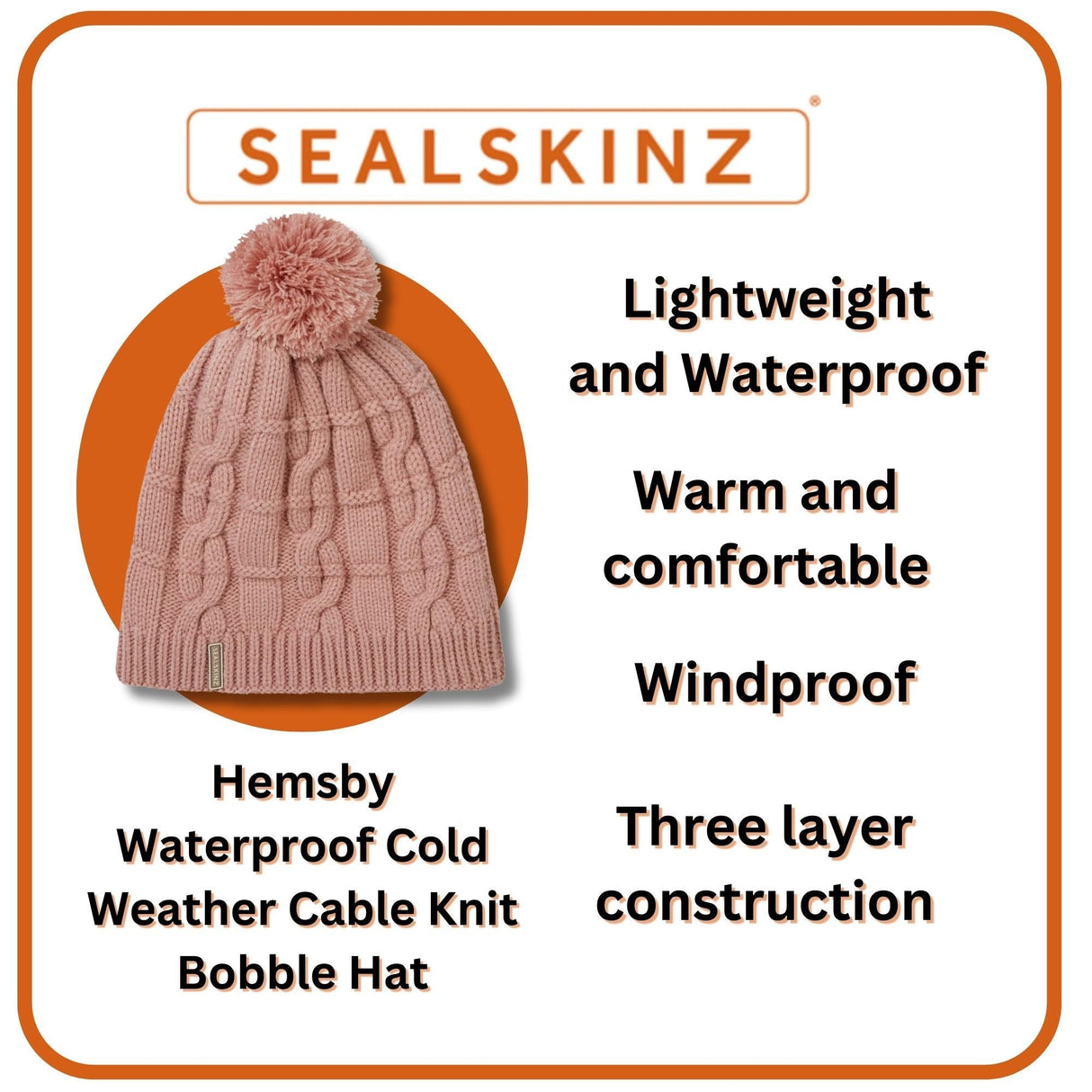 Unisex Waterproof Cold Weather Cable Knit Bobble Hat