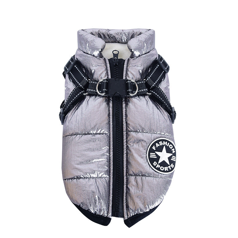 Silver puffer dog vest with a black strap and visible brand logo on a white background