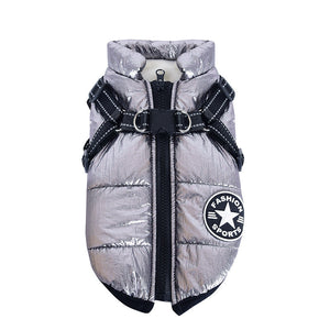 Silver puffer dog vest with a black strap and visible brand logo on a white background
