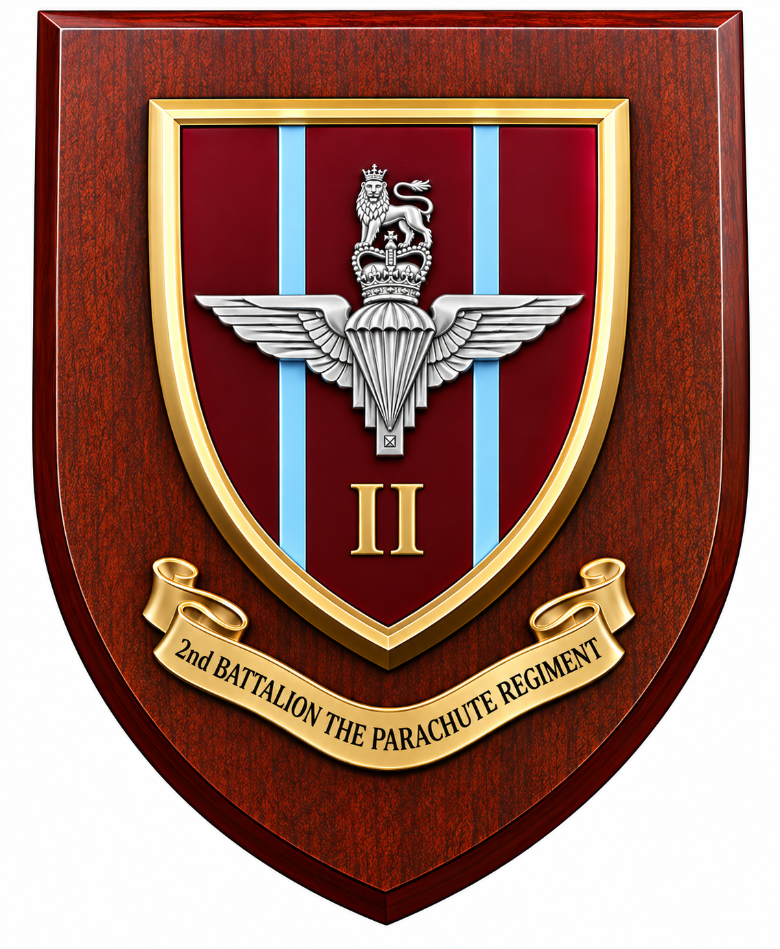 A wooden shield plaque featuring the insignia of the 2nd Battalion, The Parachute Regiment. The shield has a dark reddish-brown wood grain finish, a gold-trimmed red center with light blue vertical stripes, a silver parachute wing with a lion and crown, the Roman numeral 'II', and a gold scroll reading '2nd BATTALION THE PARACHUTE REGIMENT'.