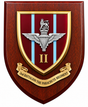 A wooden shield plaque featuring the insignia of the 2nd Battalion, The Parachute Regiment. The shield has a dark reddish-brown wood grain finish, a gold-trimmed red center with light blue vertical stripes, a silver parachute wing with a lion and crown, the Roman numeral 'II', and a gold scroll reading '2nd BATTALION THE PARACHUTE REGIMENT'.