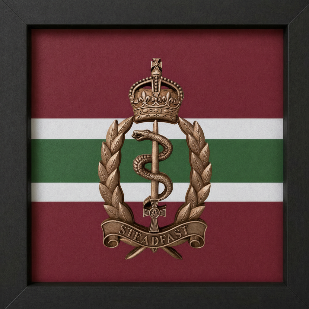 Royal Army Medical Service Brass Hand Painted King's 3D Cap Badge Display Frame