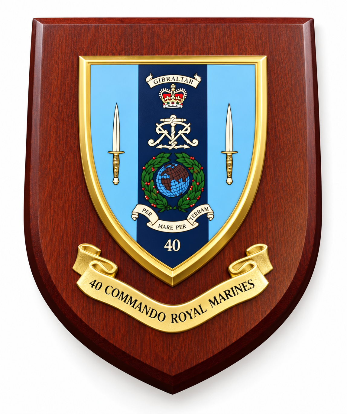 A shield-shaped wooden plaque featuring the Royal Marines 40 Commando crest, with a polished reddish-brown wood frame, gold trim, a light blue and navy center panel, and a gold scroll reading '40 COMMANDO ROYAL MARINES' on a white background.