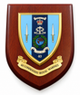 A shield-shaped wooden plaque featuring the Royal Marines 40 Commando crest, with a polished reddish-brown wood frame, gold trim, a light blue and navy center panel, and a gold scroll reading '40 COMMANDO ROYAL MARINES' on a white background.