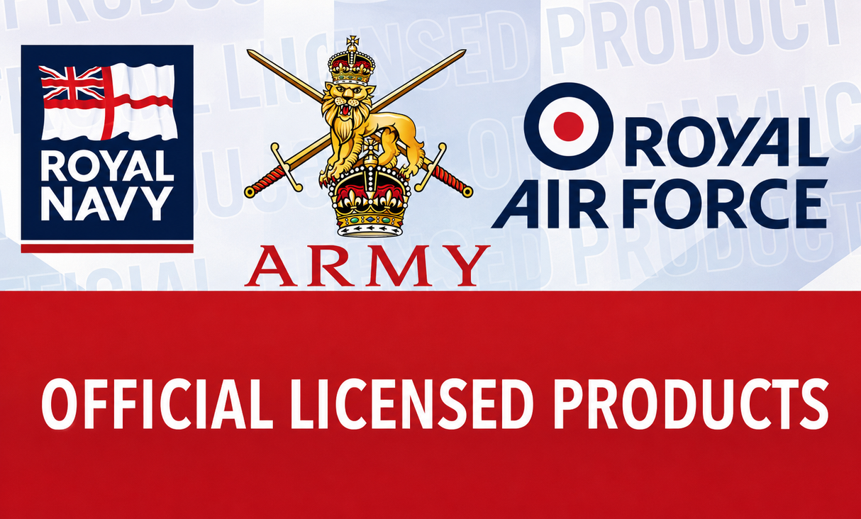 Logos of Royal Navy, Army, and Royal Air Force with 'Official Licensed Products' text on a red and blue background.