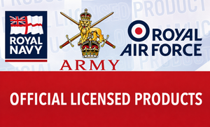 Logos of Royal Navy, Army, and Royal Air Force with 'Official Licensed Products' text on a red and blue background.