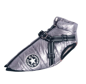 Silver dog coat with a black star logo on a white background