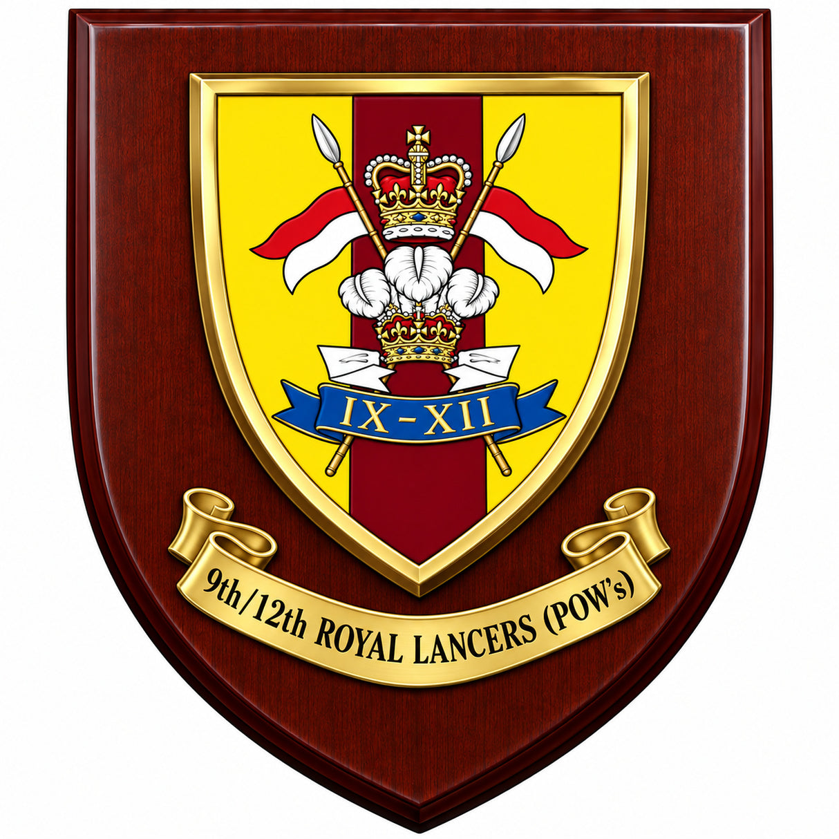 A shield-shaped wooden plaque with a polished dark reddish-brown wood finish, featuring a gold-bordered crest with a yellow, red, white, and blue design, and a gold scroll reading '9th/12th Royal Lancers (POWs)'.