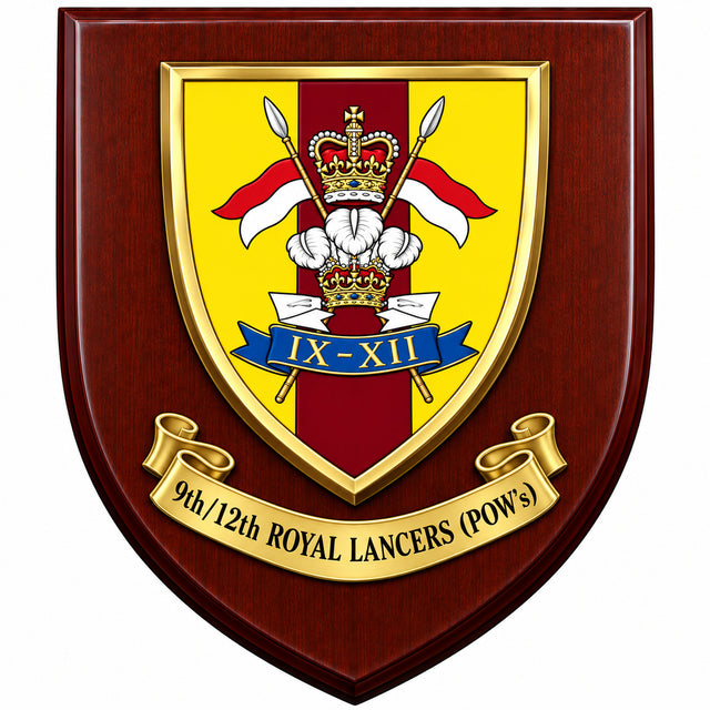 A shield-shaped wooden plaque with a polished dark reddish-brown wood finish, featuring a gold-bordered crest with a yellow, red, white, and blue design, and a gold scroll reading '9th/12th Royal Lancers (POWs)'.