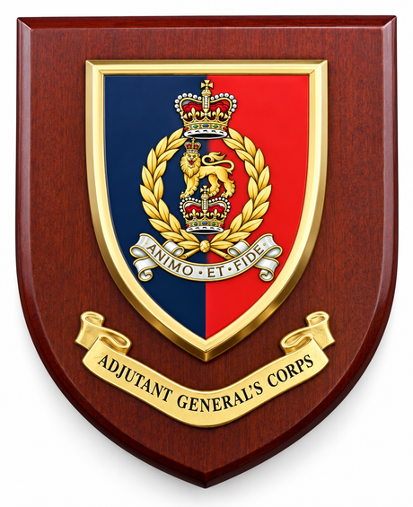 A shield-shaped wooden plaque featuring the Adjutant General's Corps emblem. The plaque has a dark reddish-brown wood grain finish, with a central crest split into blue and red quadrants, topped with a gold crown and laurel wreath, and a gold scroll reading 'ADJUTANT GENERAL'S CORPS' below.
