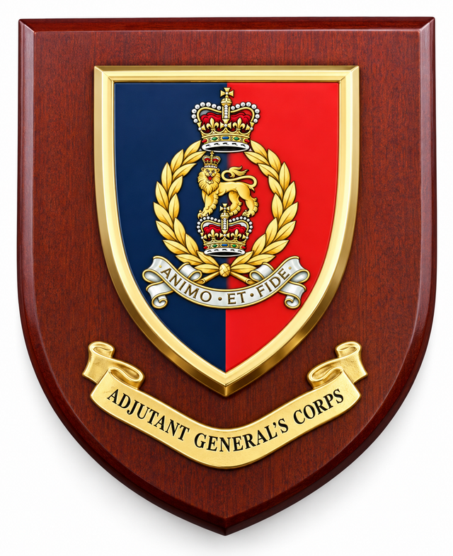 A shield-shaped wooden plaque featuring the Adjutant General's Corps emblem. The plaque has a dark reddish-brown wood grain finish, with a central crest split into blue and red quadrants, topped with a gold crown and laurel wreath, and a gold scroll reading 'ADJUTANT GENERAL'S CORPS' below.
