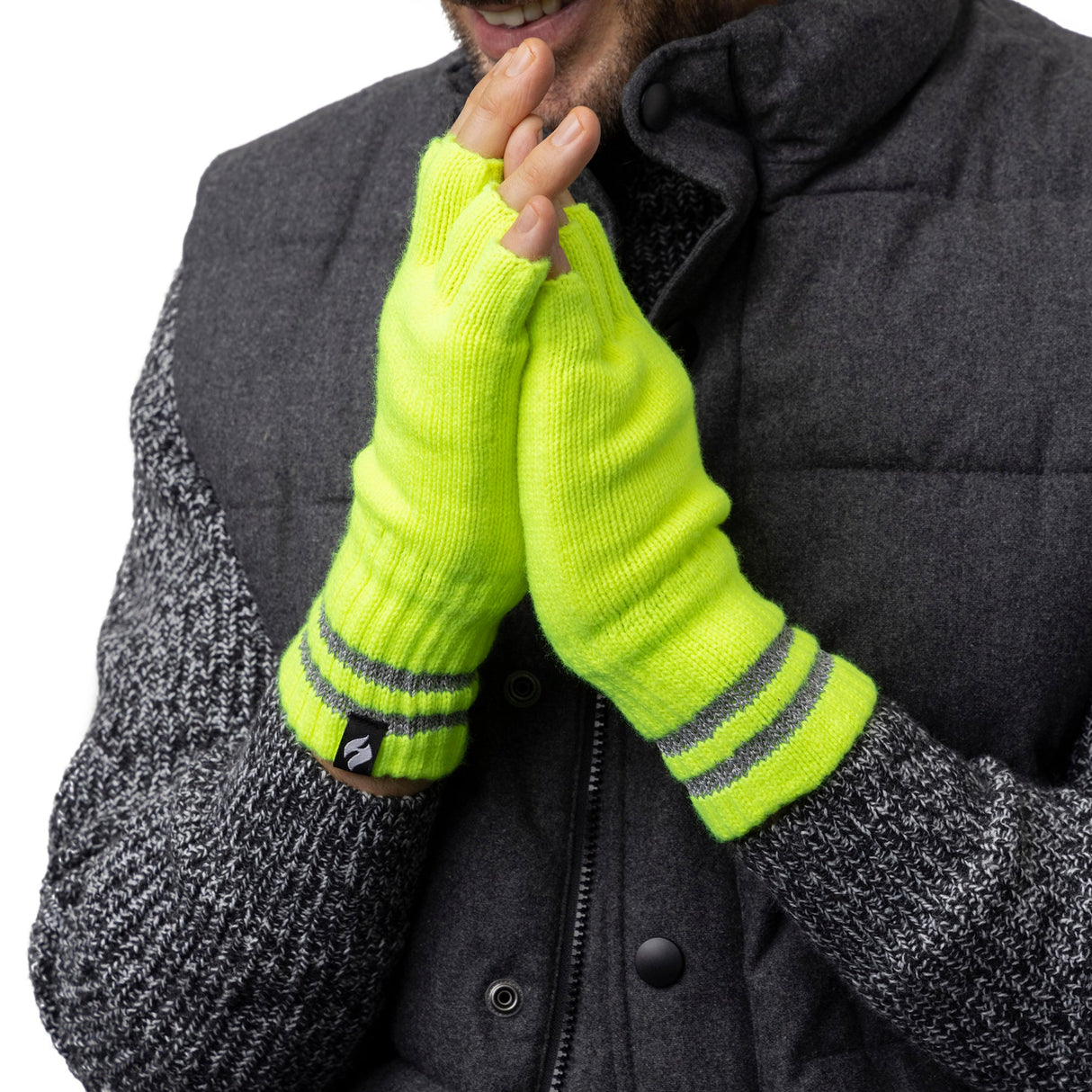 Mens Hi Vis Reflective Fleece Lined Thermal Winter Fingerless Gloves