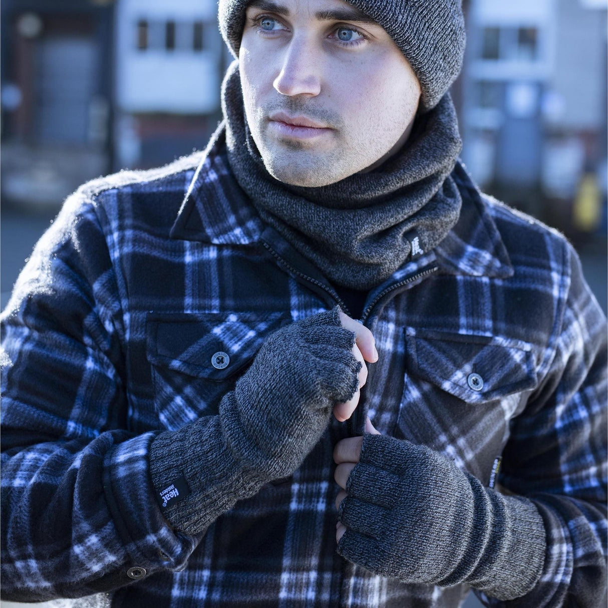 Mens Warm 3.2 TOG Fleece Lined Winter Thermal Fingerless Gloves in Khaki & Navy