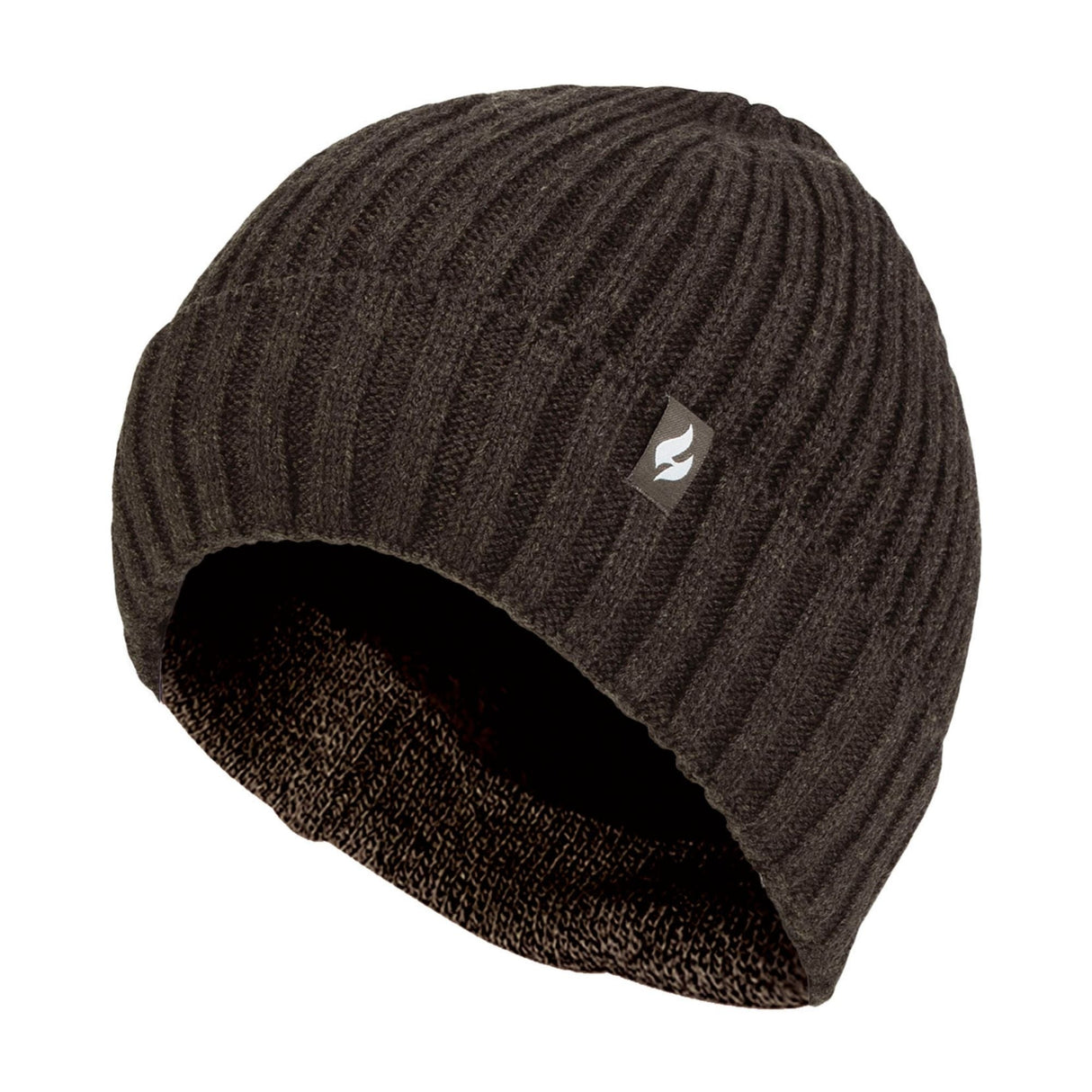Mens Ribbed Knit Fleece Lined Turn Over Cuff Thermal Beanie Hat