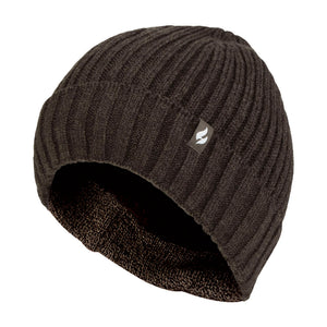 Mens Ribbed Knit Fleece Lined Turn Over Cuff Thermal Beanie Hat