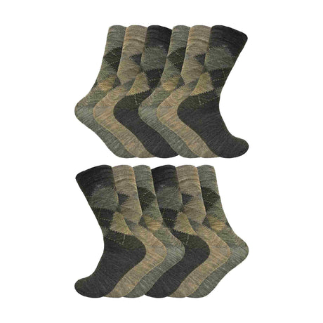 12 Pair Mens Soft Lambswool Honeycomb Top Argyle Patterned Socks