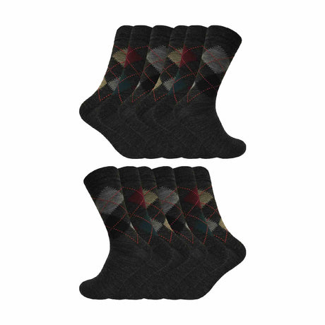 12 Pair Mens Soft Lambswool Honeycomb Top Argyle Patterned Socks