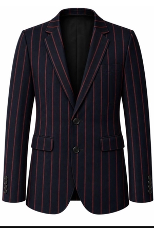 A men's double-breasted blazer in navy blue with thin red pinstripes, featuring notch lapels, two front buttons, and flap pockets, shown against a plain white background.