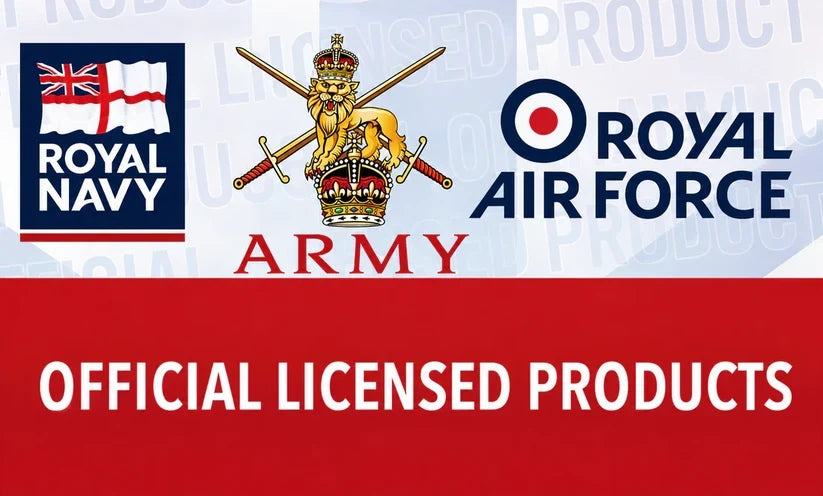 Promotional graphic for Royal Navy and Royal Air Force official licensed products, featuring the Royal Navy flag, Royal Air Force emblem, and a red banner reading 'OFFICIAL LICENSED PRODUCTS'.