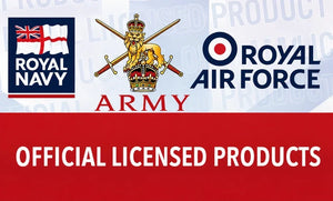 Promotional graphic for Royal Navy and Royal Air Force official licensed products, featuring the Royal Navy flag, Royal Air Force emblem, and a red banner reading 'OFFICIAL LICENSED PRODUCTS'.