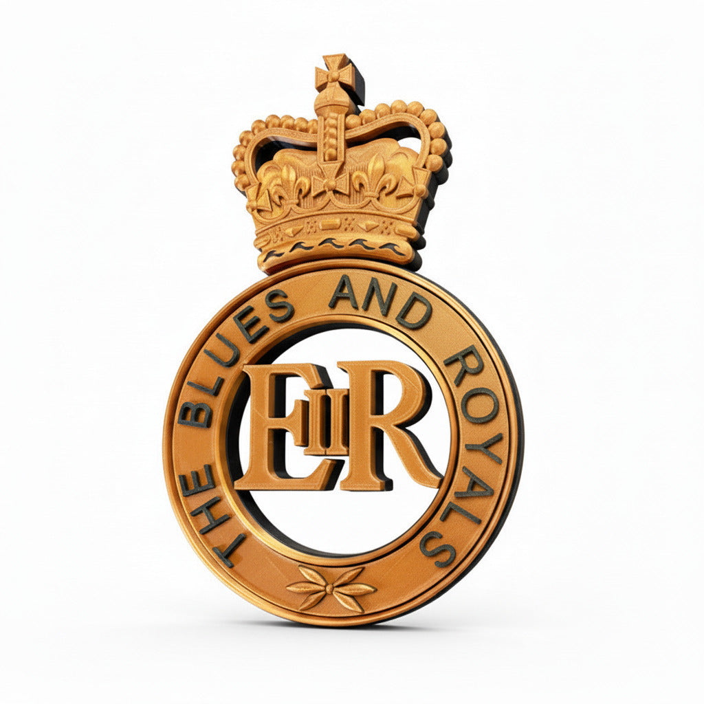 Decorative emblem with a crown and 'The Blues and Royals' text on a white background