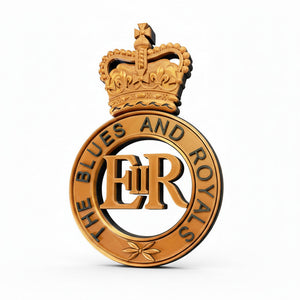 Decorative emblem with a crown and 'The Blues and Royals' text on a white background