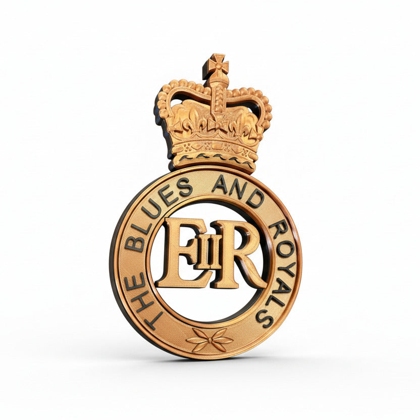 Gold emblem with a crown and 'The Blues and Royals' text on a white background