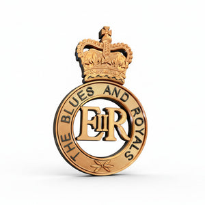 Gold emblem with a crown and 'The Blues and Royals' text on a white background