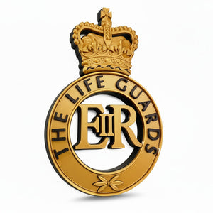 Gold and black emblem with 'The Life Guards' and 'EII R' on a white background