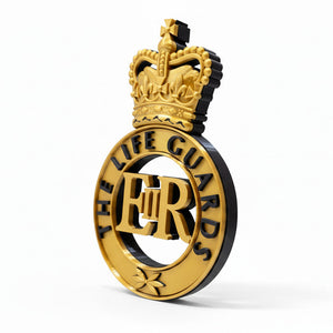 Gold and black emblem with a crown and 'The Life Guards' text on a white background