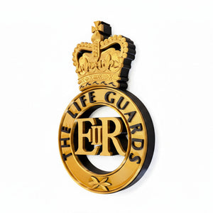 Gold and black emblem with a crown and 'The Life Guards' text on a white background