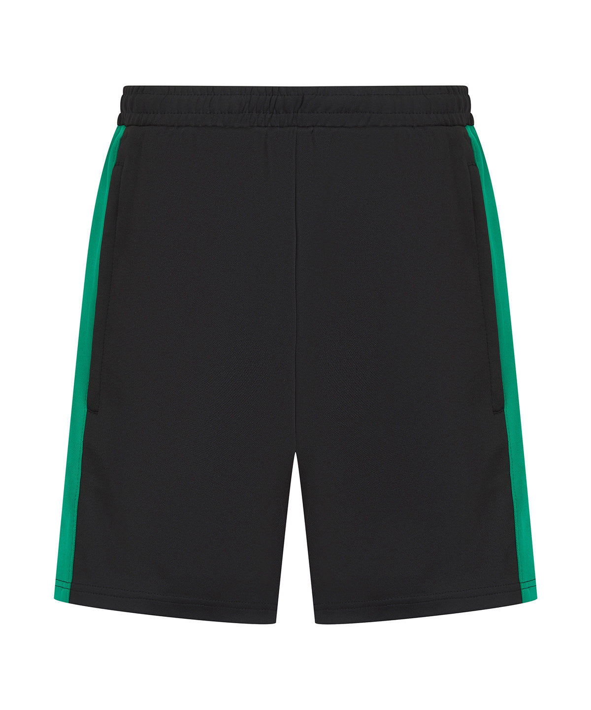 Black shorts with green side panels on a white background