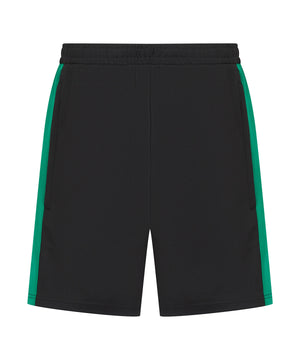 Black shorts with green side panels on a white background