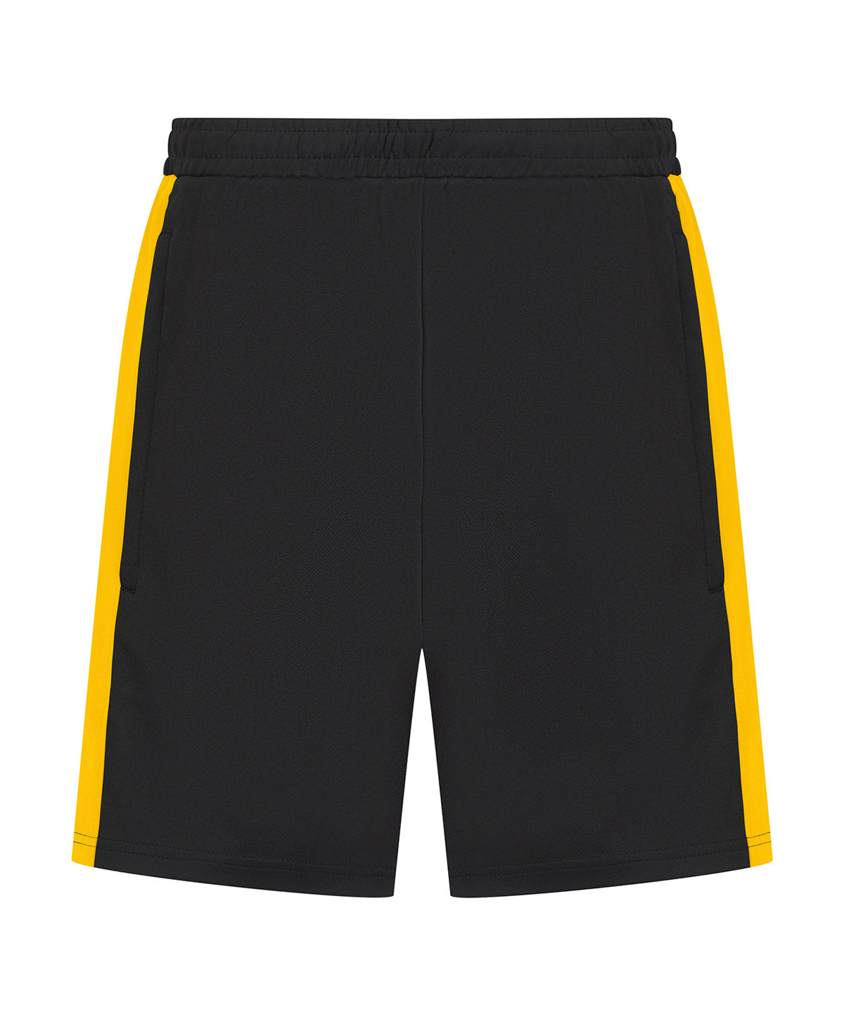 Black shorts with yellow side panels on a white background