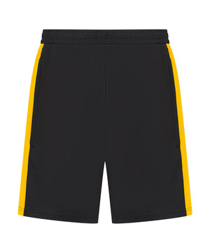 Black shorts with yellow side panels on a white background