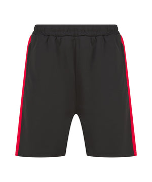 Black shorts with red side panels on a white background