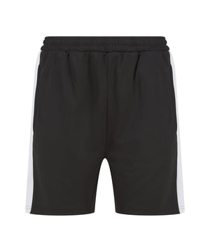 Black shorts with white side stripes on a white background