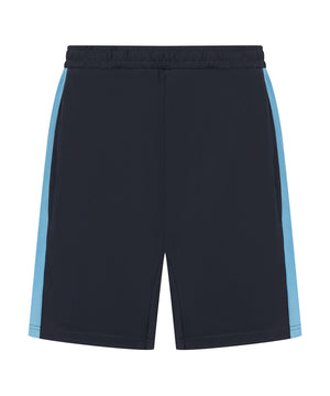 Black shorts with blue side panels on a white background