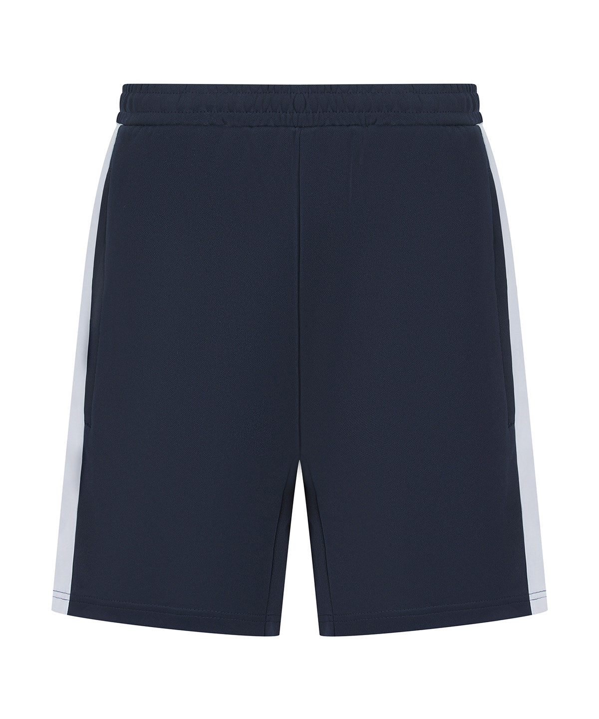 Navy shorts with white stripes on a white background