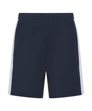 Navy shorts with white stripes on a white background