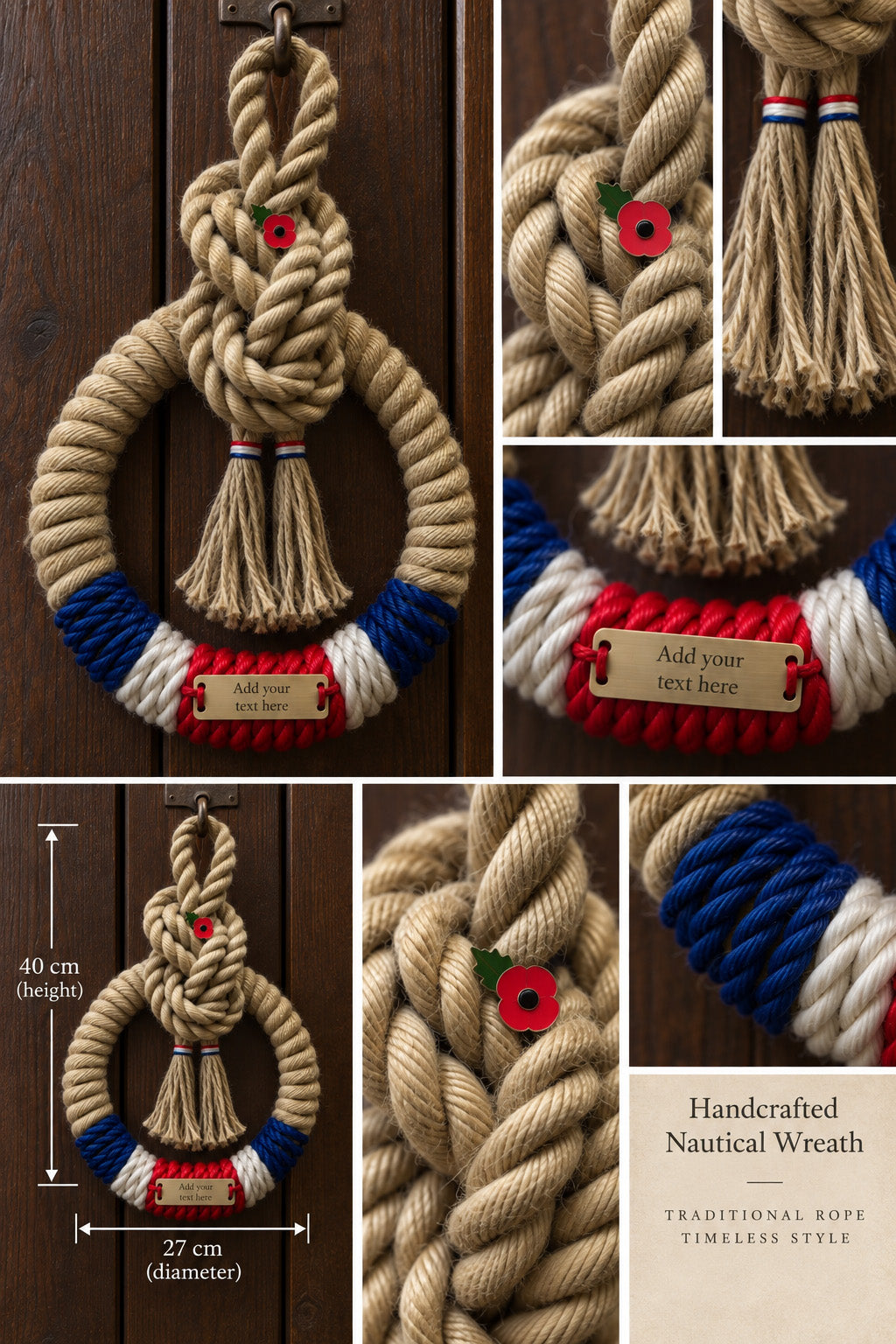 A collage showing a handcrafted nautical wreath made of thick rope in beige, blue, white, and red, with a small poppy accent and a brass nameplate. The collage includes a main product view, close-up detail shots, and dimension labels indicating 40 cm height and 27 cm diameter.