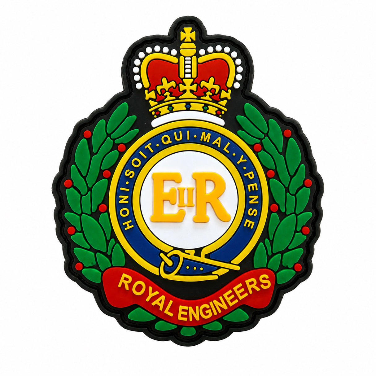 A Royal Engineers crest patch or emblem with a crown, green laurel wreath, yellow EII R letters, blue ring, red scroll reading ROYAL ENGINEERS, and black outline on a white background.