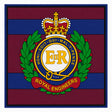 A square graphic featuring the Royal Engineers crest centered on alternating dark red and blue horizontal stripes, with a crown, laurel wreath, and red ribbon reading ROYAL ENGINEERS.