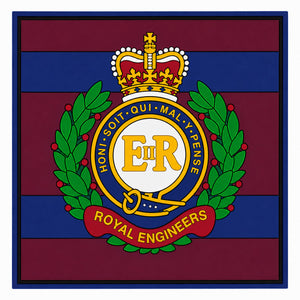 A square graphic featuring the Royal Engineers crest centered on alternating dark red and blue horizontal stripes, with a crown, laurel wreath, and red ribbon reading ROYAL ENGINEERS.