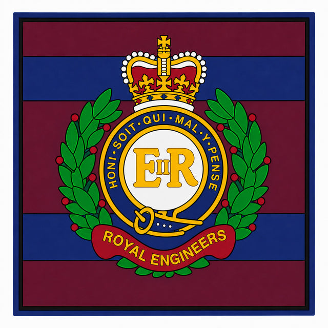A square graphic featuring the Royal Engineers crest centered on alternating dark red and blue horizontal stripes, with a crown, laurel wreath, and red ribbon reading ROYAL ENGINEERS.